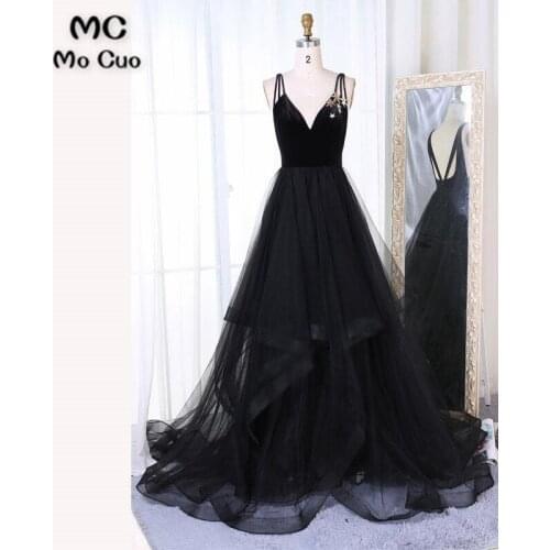 Elegant Black Evening Dresses Long Straps V-Neck Organza Ruffles Backless Tulle Formal Evening Party Dress Custom Made