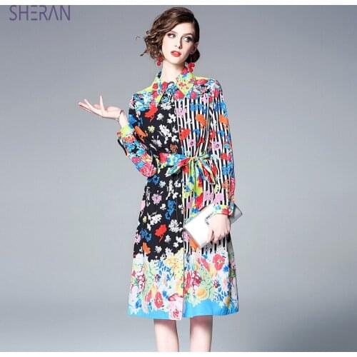 SHERAN Spring Fashion Runway Vintage Shirt Dress Womens Long Sleeve Beautiful Stripe Flower Print Loose Belted Holiday Dresses