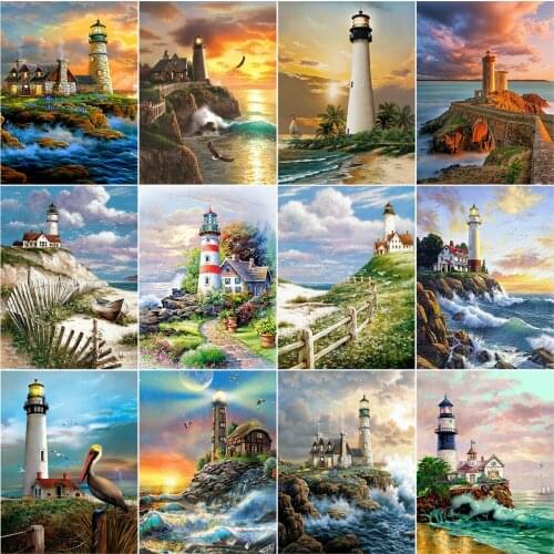 AZQSD 5D Diamond Painting New Arrivals Lighthouse Diamond Embroidery Sale Landscape Picture Of Rhinestones Needlework Home Decor
