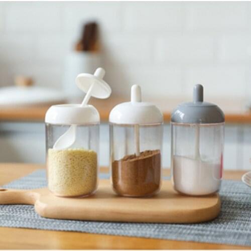 Spice Jar Plastic Condiment Bottles With Spoon Kitchen Seasoning Salt Oil Coffee Beans Container Home Paprika Garlic Storage Box