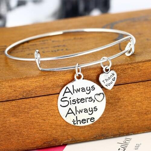 Bespmosp 12PCS/Lot Wholesale Thank You Heart "Always Sister Alway There"Charm Bracelet Bangle Friendship Family Women Jewelry