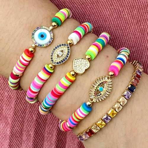 Demon Eye/Love Heart/Lucky Eye Zircon Charm Bracelet for Women 6MM Polymer Clay Bracelet Mixed Color Popular Wristband Jewelry
