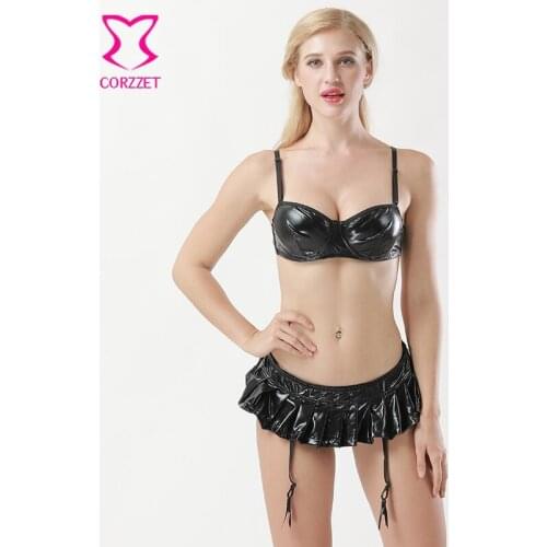 Black PVC Vinyl Push Up Bra Top Garter Skirt Lingerie Set Plus Size Sexy Underwear Women Erotic Apparel Hot Clubwear Exotic Suit