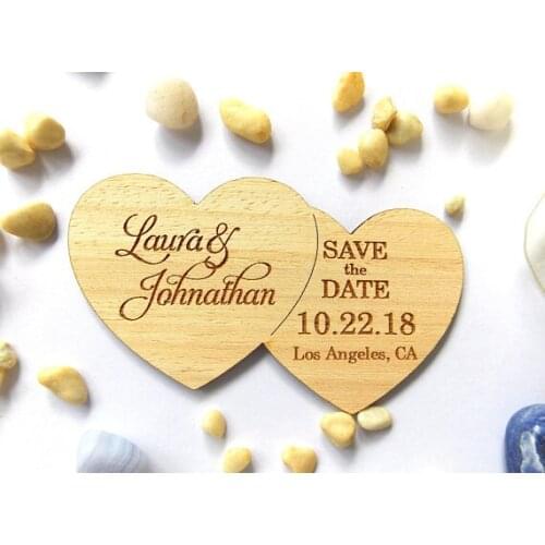 Custom double heart rustic Wedding wooden Save the Date Fridge Magnets bridal shower party favors company gifts invitations
