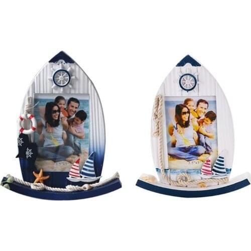 Wooden Blue Sailboat Picture Frame Sculptural Wood Photo Holder Meticulous Decoration Handcrafted Tabletop Accessory N0PA