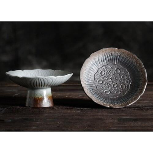 Handmade retro stoneware refreshment plate, high-footed snack plate, snack plate, dried fruit plate, creative lotus fruit plate