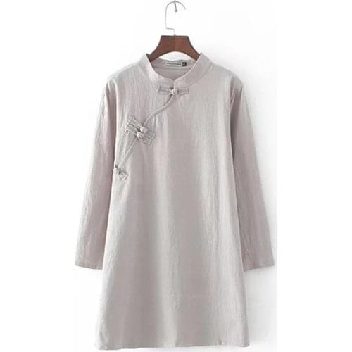 Chinese Style Retro Women Hanfu Shirts Blouse Cotton Linen Plus Size Loose Casual Dress Vintage Button Long Sleeve Top Tang Suit