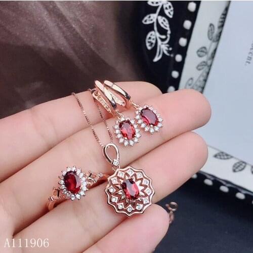 KJJEAXCMY Fine Jewelry 925 sterling silver inlaid natural garnet gemstone female pendant ring earrings set to send necklace supp