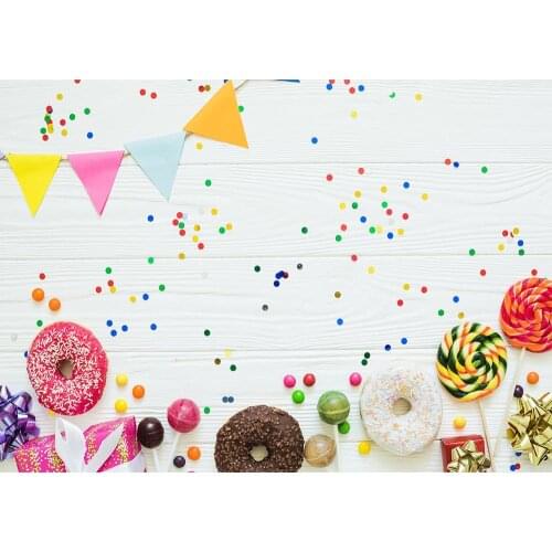 Colorful Donuts Candy Pennant White Wooden Board Photo Background Vinyl Backdrops for Children Baby Shower Photography Photocall