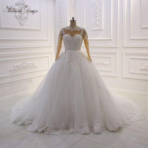 Amanda Design gala jurken Long Sleeve Pearls Lace Applique 2 in 1 Wedding Dress