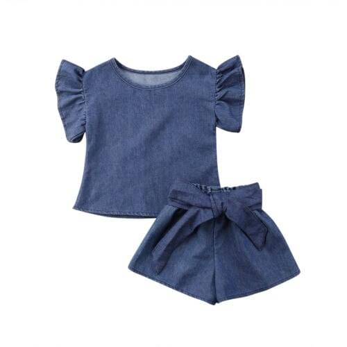 Baby Girls Summer Denim Clothes Sets Toddler Kids Baby Girl T-shirt Tops+Blue Denim Jeans Shorts Outfits Clothing Set