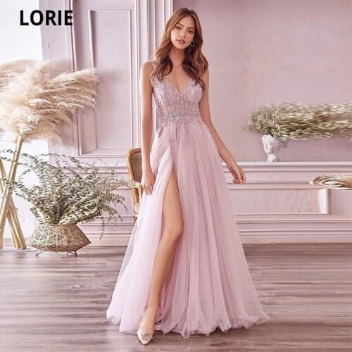 LORIE Trickle Bead Tulle Evening Dresses Illusion V-neck Bodice With Spaghetti Straps Split Vestidos De Fiesta Robe De Soirée