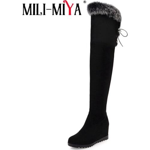 MILI-MIYA Fashion New Arrive Women Boots Black Lace Up Flock Round Toe Wedges Heel Over The Knee Shoes Big Size34-43 For Ladies