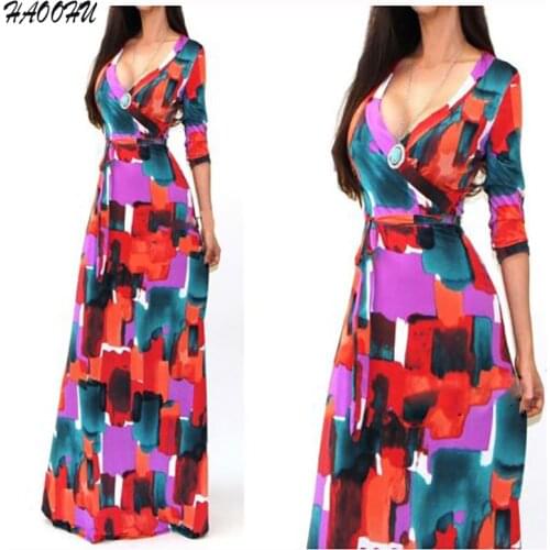 2016 Autumn New Maxi Women dresses with belt Party dresses Sexy V-neck long sleeve Printed Maxi long dresses 973 DX