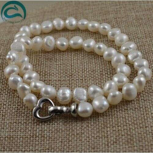 Unique Pearls jewellery Store,White Color Baroque Genuine Freshwater Pearl Necklace Heart Clasp Perfect Woman Party Gift Jewelry