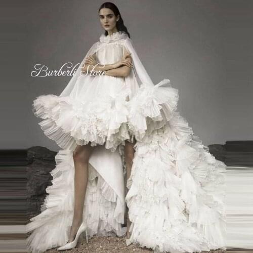 Newest Design Fluffy Ruffles A-line Prom Dress Chic High Low Pleats Lush Tulle Formal Party Gowns Custom Made Bridal Dress Vesti