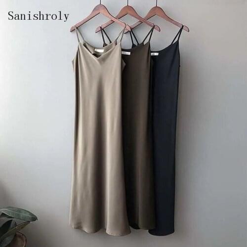 Sexy V Neck Women Satin Dress 2021 Chic Imitation Silk Spaghetti Strap Dress Female Casual Summer Long Dress Very Soft Smooth