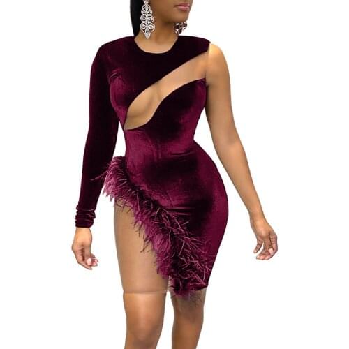 Mesh Sheer One Shoulder Sexy Party Dress Clubwear Christmas Women Feather Night Bodycon Mini Dresses for Women Vestido De Mujer