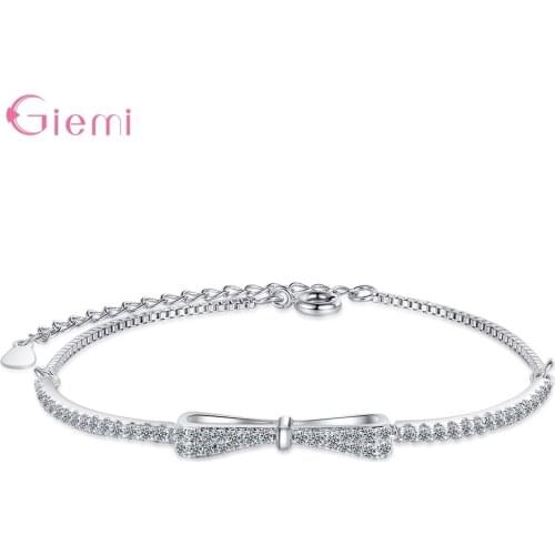 Simple Cute Zirconia Crystal Charm Adjustable Bowknot Bracelet for Women Girl 925 Sterling Silver Wedding Party Jewelry Gifts
