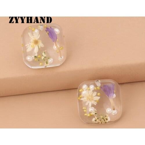 Transparent Real Flower Resin Women Stud Earring Girl Summer Sun Shine Style Pearl Floral Specimen Ear Jewellery