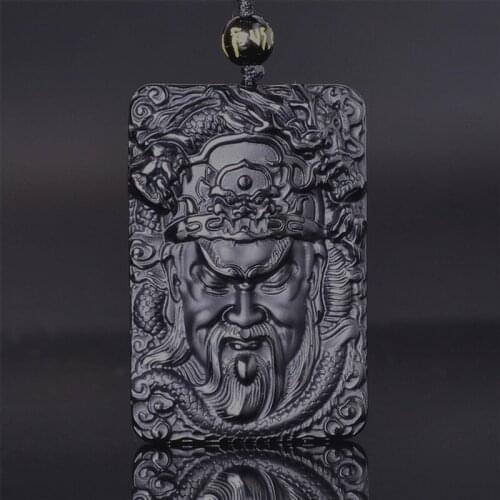 Drop ship Black Obsidian Dragon GuanGong Necklace Pendant Hand-Carved Lucky Amulet Pendant Mens Jewelry With Free Beads Chain
