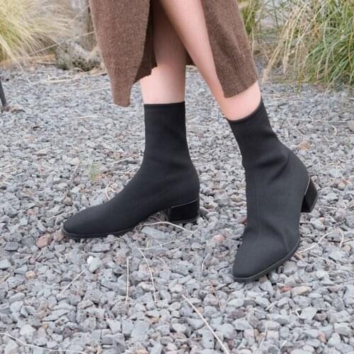 All-match Black Boots Women Suede Leather High Heel Boots Square Head Shoes Ladies Casual Autumn Winter Shoes Size 33-42