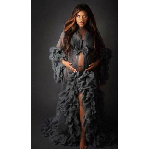 Gray Illusion Ruffles Shawl Dress Tulle Long Sleeve Women Sexy Kimono Pregnant Party Gowns Women Bathrobe Sheer Nightgown Robes