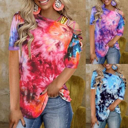 Tie-dye Print Dew Shoulder Top Women Fashion Short Sleeve Skew Collar Casual Tee Shirts Teens Sexy Street Oversize Blouse Blusa