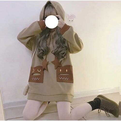 Vintage brown hoodie female funny cartoon pocket Japane preppy style cute casual jacket autumn winter Harajuku Oversized hoodied