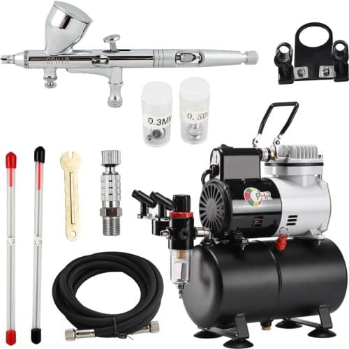 OPHIR Air Compressor with Tank & Gravity Dual-Action Airbrush Kit Spray Gun with 3 Tips Nozzles for Body Paint Tattoo AC115+070