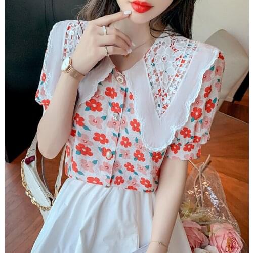 Summer new style hollow out lace doll collar sweet Korean puff sleeve flower print shirt women