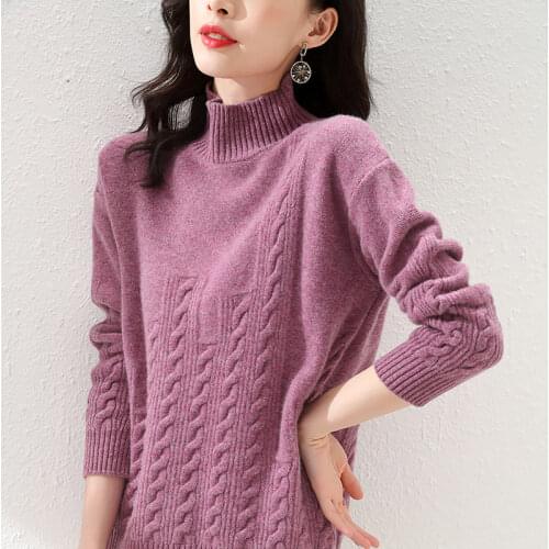 Ladies' New Cashmere Sweater Half High Collar Autumn Winter 100% Pure Wool Knit Pullover Base Shirt Large size Warm Womens
