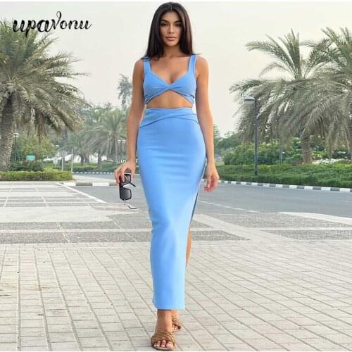 Free Shipping 2021 Women Bandage Long Skirt Set Sexy Strapless Sleeveless Halter Crop Top & High Waist Split Skirt Two Piece Set