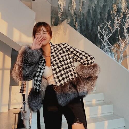2020 Winter New Women Fashion Houndstooth Coat With Natural Fox Fur Cuffs and hem Ladies Outerwear Streetwear