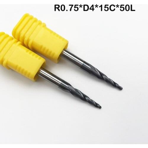 2pcs/lot R0.75*D4*15*50L*2F solid carbide 4mm Ball Nose Tapered End Mills router bits cnc taper wood metal HRC55 milling cutter