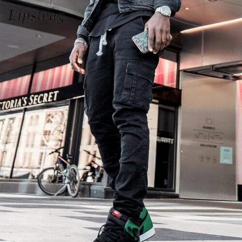 2021 Fashion Streetwear Hip-hop Style Solid Jeans Men Slim Fit Denim Trousers Autumn Mens Casual Side Pockets Denim Cargo Pants