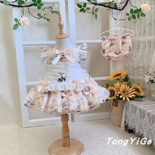 3PCS Autumn New Spanish Lolita Princess Ball Gown Bow Lace Stitching Birthday Party Easter Cartoon PrintDresses For Girls A551