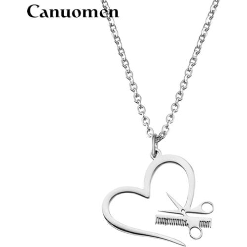 Canuomen Scissors Comb Pendant Necklace Heart-shaped Stainless Steel Silver Gold Lover Link Chain For Women Gift Charm Jewelry