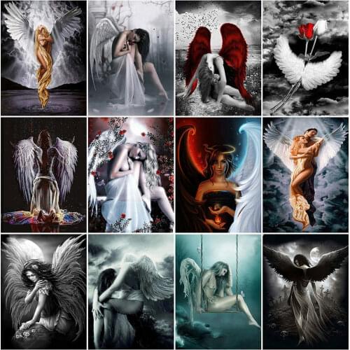HUACAN Full Square Diamond Embroidery Angel Cross Stitch DIY Diamond Painting Portrait Mosaic Black And White Landscape Wall Art