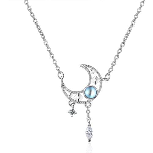 Exquisite Moon Pendant Necklace Elegant Womens Blue Crystal Clavicle Chain Fashion Ladies Party Jewelry