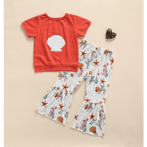 1-6Y Summer Toddler Girls Cute Clothes Sets Shell Printed Short Sleeve T Shirts Flare Pants 2pcs