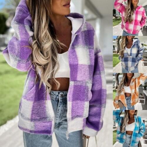 Vintage Stylish Hooded Jacket Plaid Pattern Zipper Women 2021 Fashion Long Sleeve Loose Pockets Warm Sweatshirt Coat Tops Daily