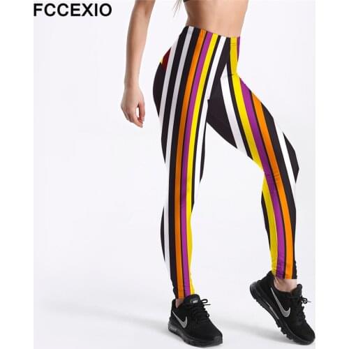 FCCEXIO Summer Style Slim Women Leggings Color Stripes Printed Leggings Mid Waist Fitness Workout Leggings Drop Shipping S-4XL
