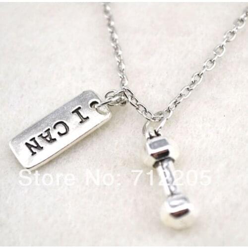 Fashion antique silver plated beauty dumbbell and Vintage Rectangle I CAN sports necklace