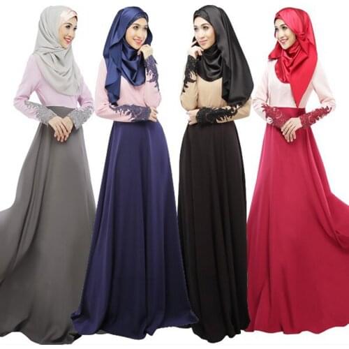 Long-sleeved muslim dress long color matching cuff lace islamic clothing Hui nationality long skirts for muslim women