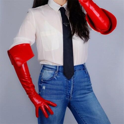 2020 New Long Leather Gloves 65cm Eversion Double Layer Extra Long White Simulation Leather Touchscreen Women Gloves PU174