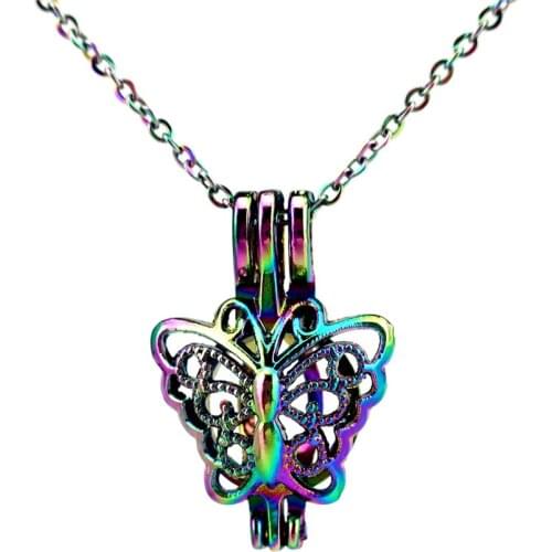 C681 Rainbow Color Butterfly Cage Pendant Locket Aroma Essential Oil Diffuser Locket Necklace