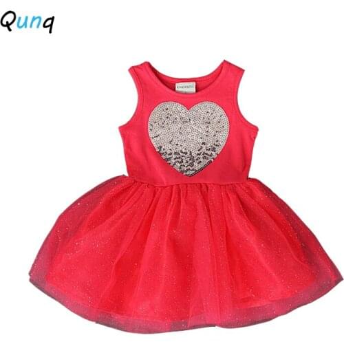 Qunq Baby Girls Dress 1 2 3 4 5 Year Toddler Children Princess Dresses Summer Sleeveless Heart Sequined Kids Party Clothes