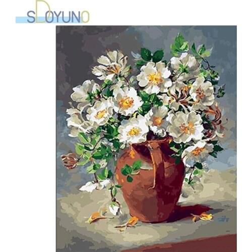 SDOYUNO Frameless Oil Paint by Number White Flowers 60X75cm Painting By Numbers Wall Art Digital Painting On Canvas DIY Home Dec