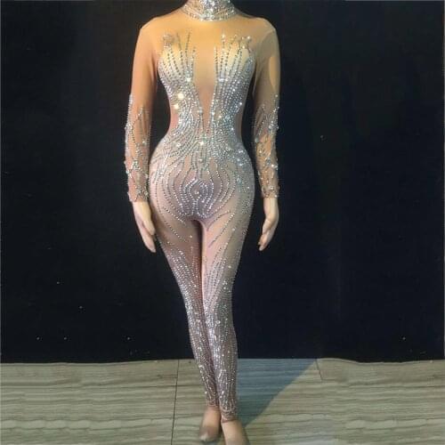 Silver Rhinestones Nude Color Bodysuit Sexy Nightclub Bar Party Female Singer Costume Performance Elastic Rompers Clothes DT1027